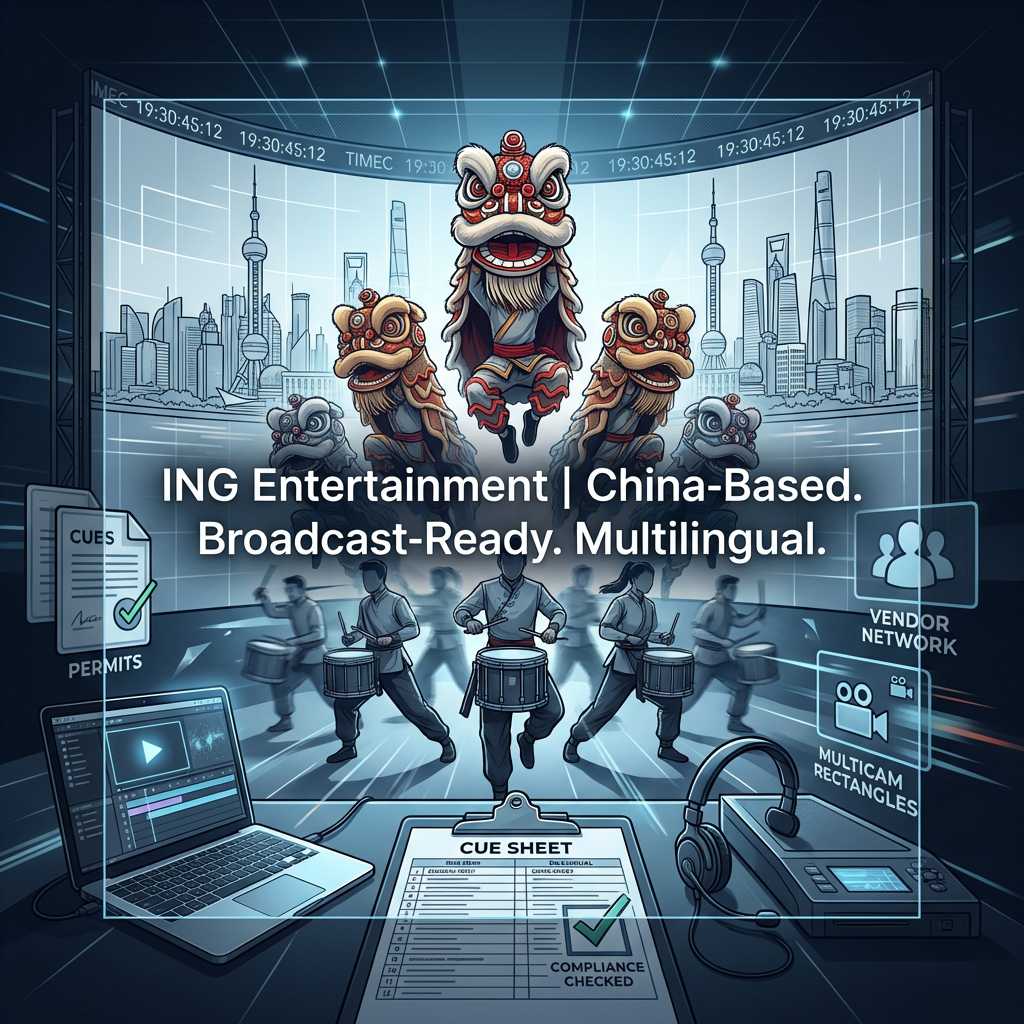 ING Entertainment China delivering broadcast‑ready event production: lion dance and choreographed dance crew on LED stage, with bilingual show control and tech setup in view.