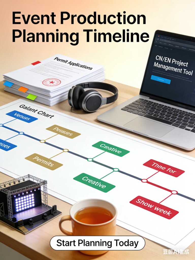 Event production timeline on a desk with color-coded milestones, bilingual project management tools, and permit documents—ING Entertainment's 4-month guide for China events.