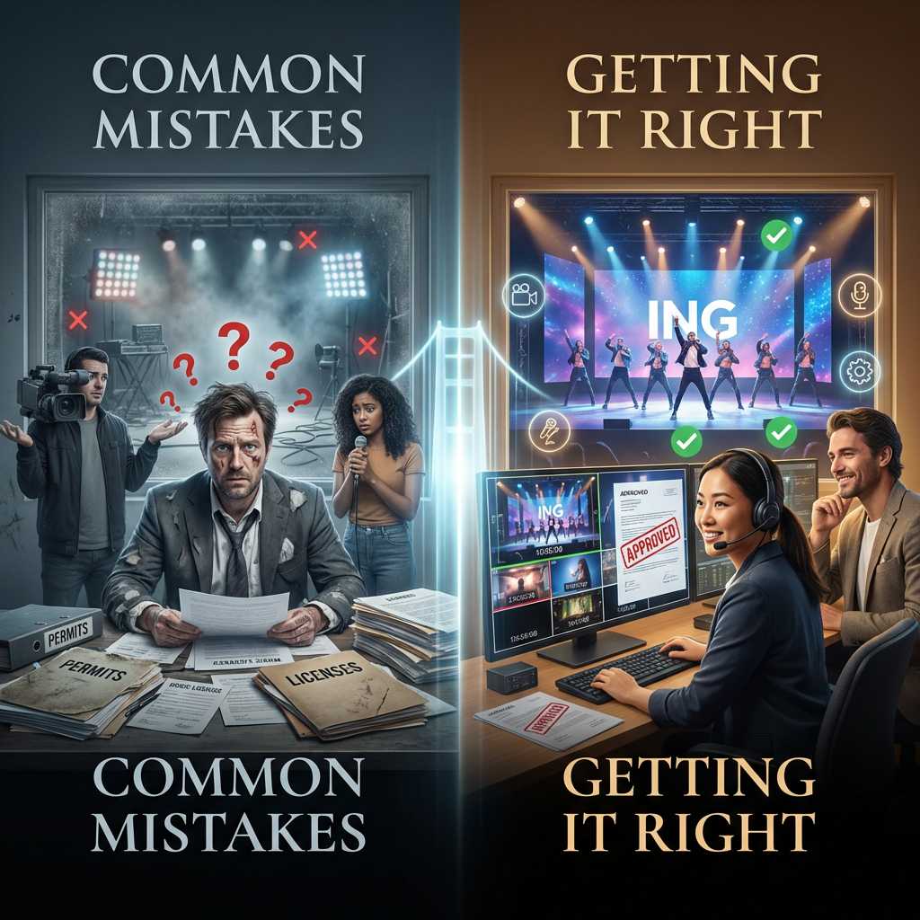 Split image showing common China event mistakes vs. ING's solutions—bilingual stage manager with approved permits and multicam feeds connects international clients to flawless performance on LED stage.