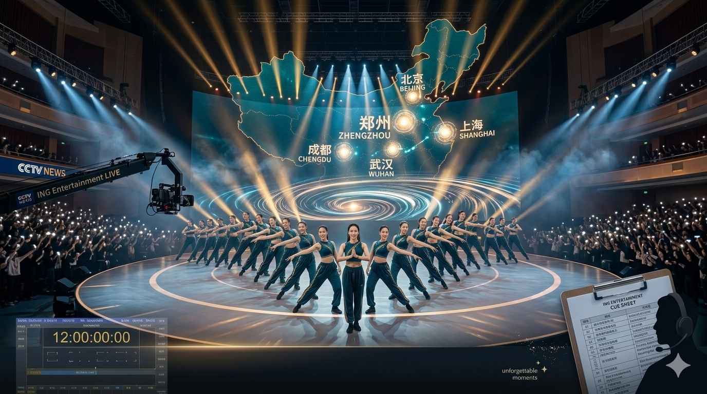 ING Entertainment's 52-member troupe including ING Girls performing on LED stage with map of China, alongside broadcast production elements—showcasing heritage, contemporary dance, and technical precision for events nationwide.