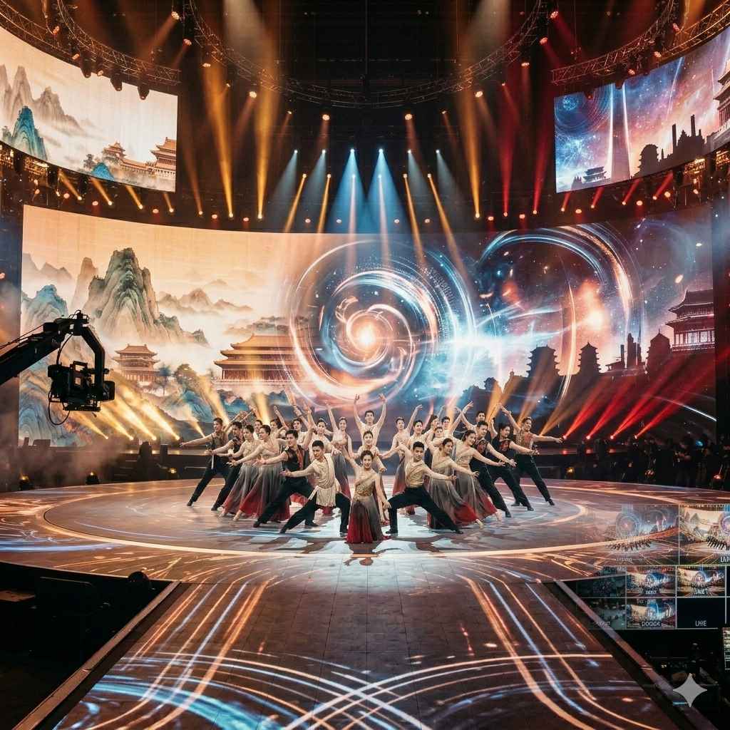 ING Entertainment's vision: contemporary dancers in gold and red on massive LED stage blending traditional Chinese motifs with futuristic visuals, captured by broadcast cameras for moving audiences on stage and screen.