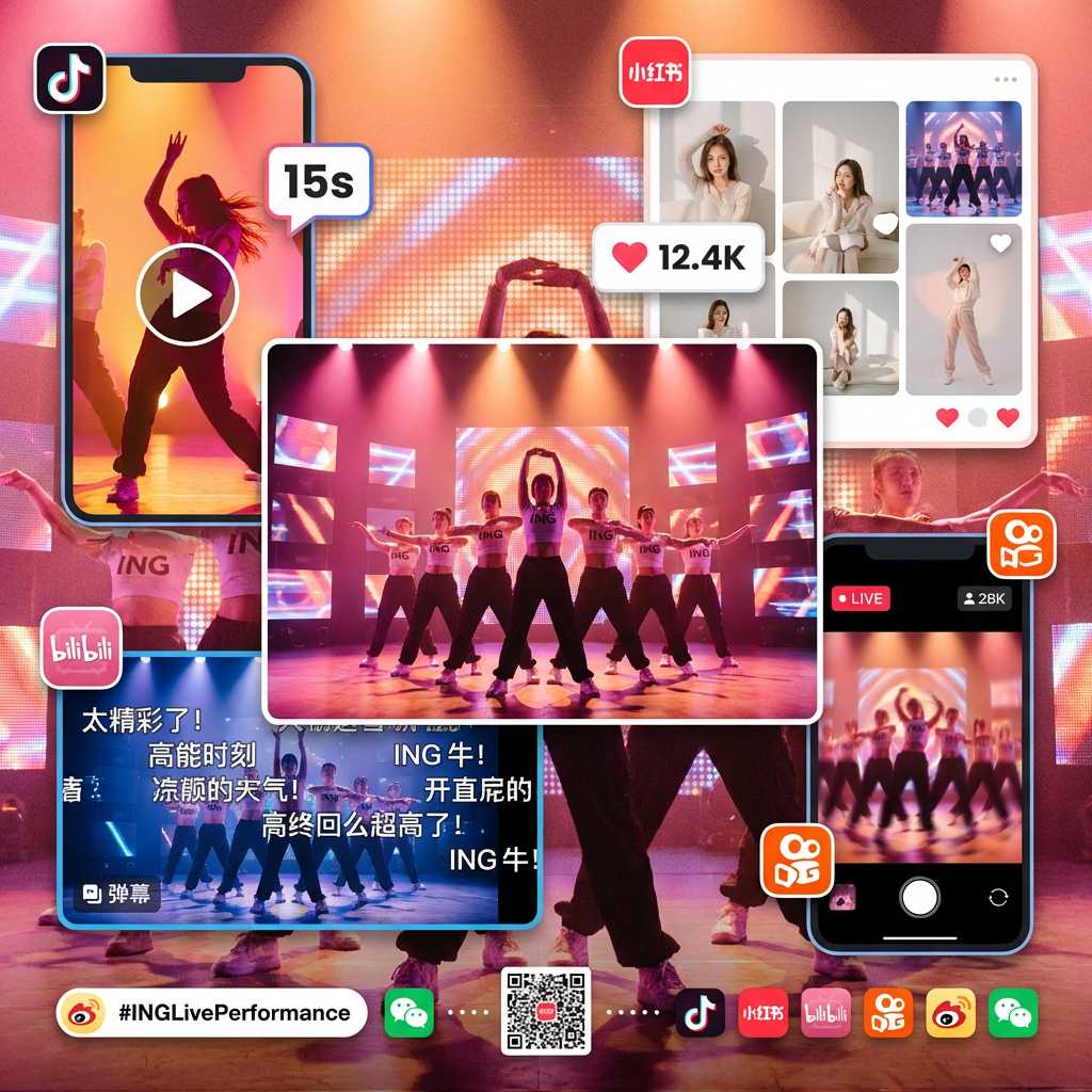 Multi-platform collage showing ING Entertainment live performance captured for Douyin vertical video, Xiaohongshu photo gallery, Bilibili bullet comments, and Kuaishou live stream—social moments at every stage of a China event.