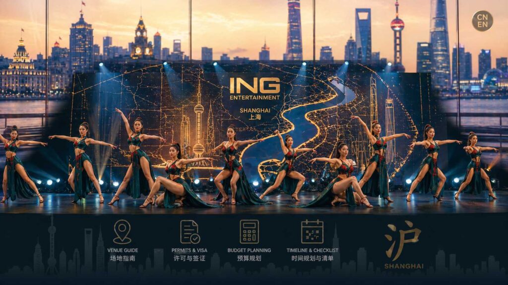 Comprehensive guide to organizing an event in Shanghai for foreign companies: ING Entertainment performers in synchronized formation on LED stage with Shanghai skyline, venue pin, permit document, budget calculator, and calendar icons representing venues, permits, budgets, and timelines.