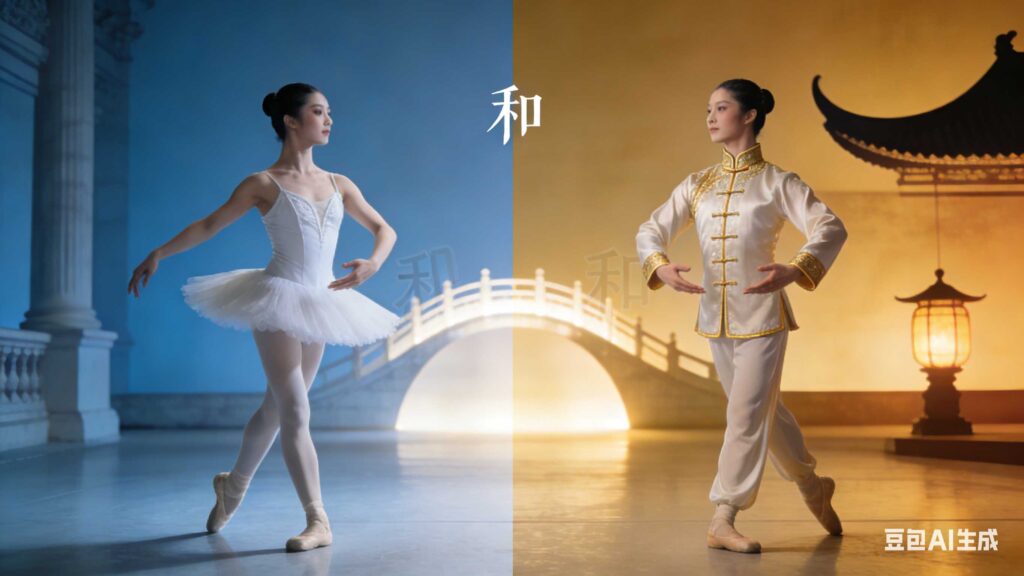 Split image showing global brand creative adapted for Chinese audiences—ballet dancer in fusion costume with warm amber lighting and traditional architectural elements, representing cultural harmony in event production.