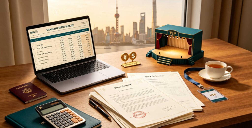 Event cost breakdown for organizing an event in Shanghai as a foreign company: laptop with budget spreadsheet, calculator with RMB/USD, venue contract, permit document with approval stamp, talent agreement, stage model, and Shanghai skyline — transparent budgeting guide from ING Entertainment.
