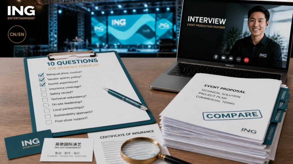 Checklist for hiring an event production company in China: clipboard with 10 questions, laptop showing vendor interview, proposals for comparison, magnifying glass for due diligence — essential evaluation guide from ING Entertainment.